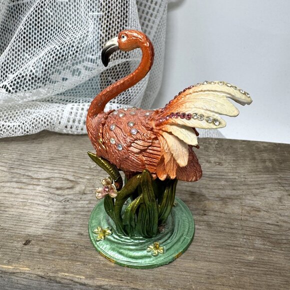 Vintage Enamel Flamingo Trinket Box With Rhinestones & Hinged Lid On Decorative - Picture 2 of 8